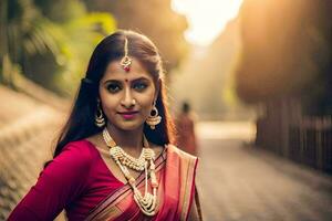 a beautiful indian woman in a red sari. AI-Generated photo