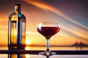 photo wallpaper sunset, the bottle, glass, wine, sunset, sunset, sunset, sunset,. AI-Generated