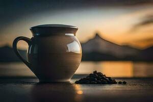 café frijoles y un taza de café en un mesa. generado por ai foto