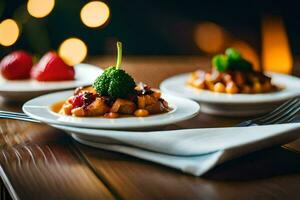three small plates with food on them. AI-Generated photo