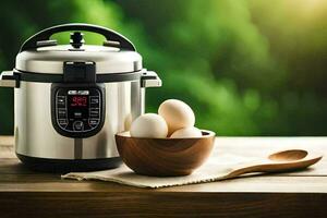 an electric pressure cooker with eggs in a bowl. AI-Generated photo