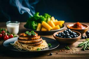 food on a table with smoke and vegetables. AI-Generated photo
