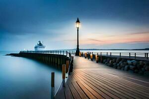 a pier with a lighthouse at sunset. AI-Generated photo