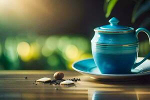 a cup of tea on a wooden table. AI-Generated photo