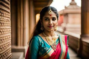 a beautiful indian woman in a traditional sari. AI-Generated photo