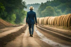 a man in a suit and hat walking down a dirt road. AI-Generated photo