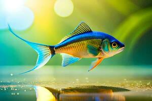 un pescado con azul y amarillo aletas es nadando en el agua. generado por ai foto