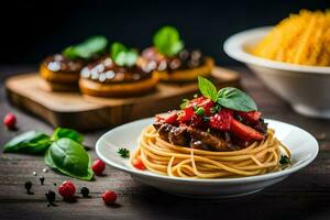 espaguetis con carne salsa y vegetales en un de madera mesa. generado por ai foto