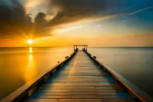 a pier stretching out into the ocean at sunset. AI-Generated photo