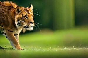 a tiger walking across a green field. AI-Generated photo