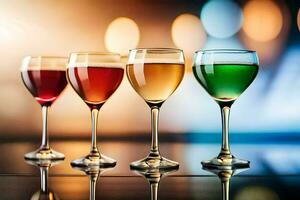 cuatro lentes de diferente de colores bebidas en un mesa. generado por ai foto