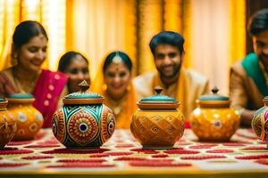 a group of people sitting around a table with colorful pots. AI-Generated photo