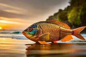 un pescado es en pie en el playa a puesta de sol. generado por ai foto