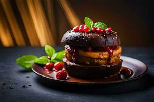 a chocolate cake with berries and mint on a plate. AI-Generated photo