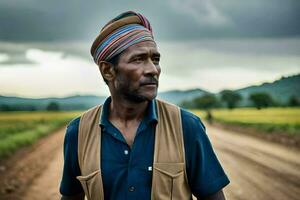 a man in a colorful turban stands in a dirt road. AI-Generated photo