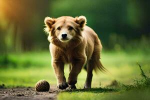 foto fondo de pantalla el perro, naturaleza, el sol, el césped, el pelota, el perro,. generado por ai