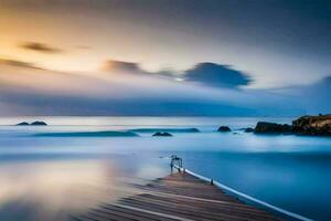 a long exposure photograph of a dock in the ocean. AI-Generated photo