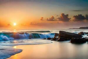 the sun rises over the ocean and waves crashing into rocks. AI-Generated photo