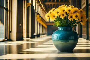 a vase with yellow flowers sitting on a floor. AI-Generated photo