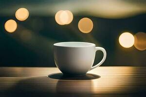 a coffee cup on a table with bokeh lights. AI-Generated photo