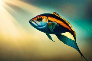 a fish with bright colors is flying in the air. AI-Generated photo