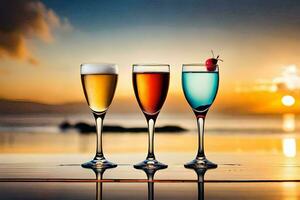 three glasses of different colored drinks on a beach. AI-Generated photo