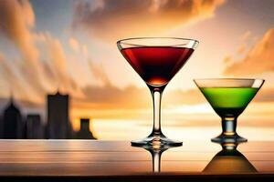 two glasses of cocktails on a table with a city skyline in the background. AI-Generated photo