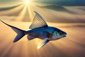 a fish flying in the sky with sun rays. AI-Generated photo