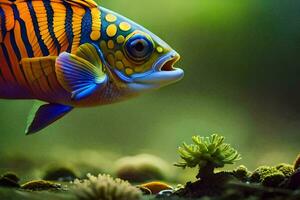 a fish with colorful stripes is swimming in the water. AI-Generated photo