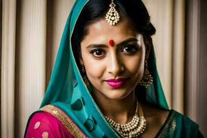 a beautiful indian woman wearing a sari and jewelry. AI-Generated photo