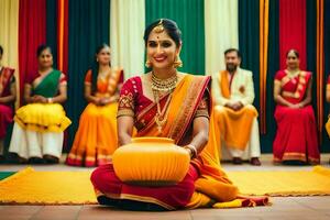 a woman in a sari sits on the floor with a pot. AI-Generated photo