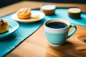 café y pasteles en un de madera mesa. generado por ai foto