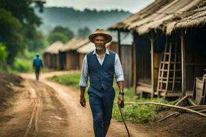 a man in a hat and suit walking down a dirt road. AI-Generated photo