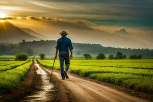 a man walking down a dirt road in a field. AI-Generated photo