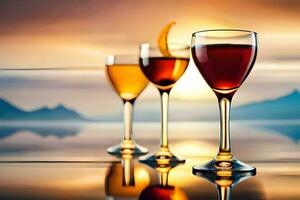 three glasses of wine are lined up on a table. AI-Generated photo