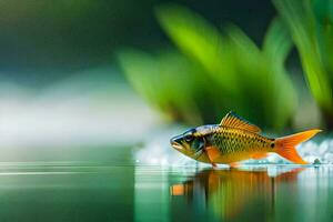 a fish is standing on the water with grass in the background. AI-Generated photo