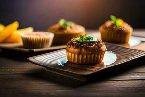 cupcakes on a plate with mango slices. AI-Generated photo