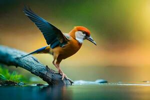 a bird with its wings spread out on a branch. AI-Generated photo