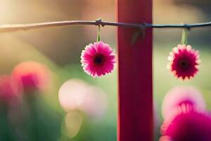 pink flowers hanging from a wire fence. AI-Generated photo