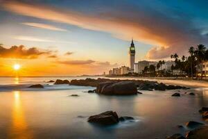 el Dom conjuntos terminado el Oceano y un ciudad horizonte. generado por ai foto