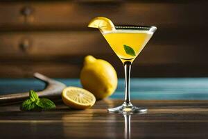 a cocktail with lemon and mint on a wooden table. AI-Generated photo