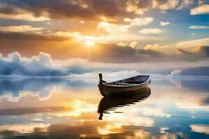 photo wallpaper the sky, clouds, boat, sunset, clouds, boat, the sky, clouds. AI-Generated