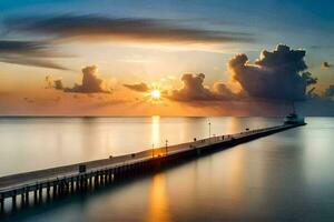 un muelle con un puesta de sol terminado el agua. generado por ai foto