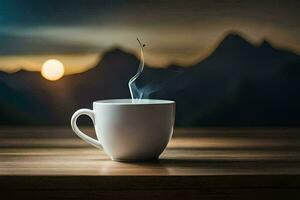 a cup of coffee on a table with mountains in the background. AI-Generated photo