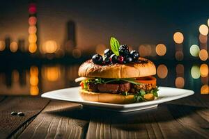 a hamburger with blueberries and lettuce on a plate. AI-Generated photo