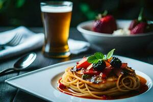 a plate of pasta with a glass of beer. AI-Generated photo