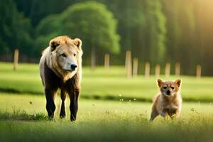 un león y un perro son caminando en el césped. generado por ai foto