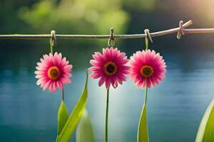 three pink flowers hanging from a wire. AI-Generated photo