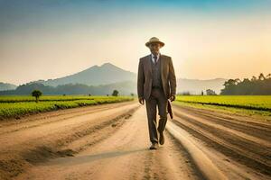 un hombre en un traje y sombrero caminando en un suciedad la carretera. generado por ai foto