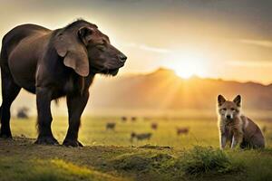 un león y un perro en pie en un campo. generado por ai foto